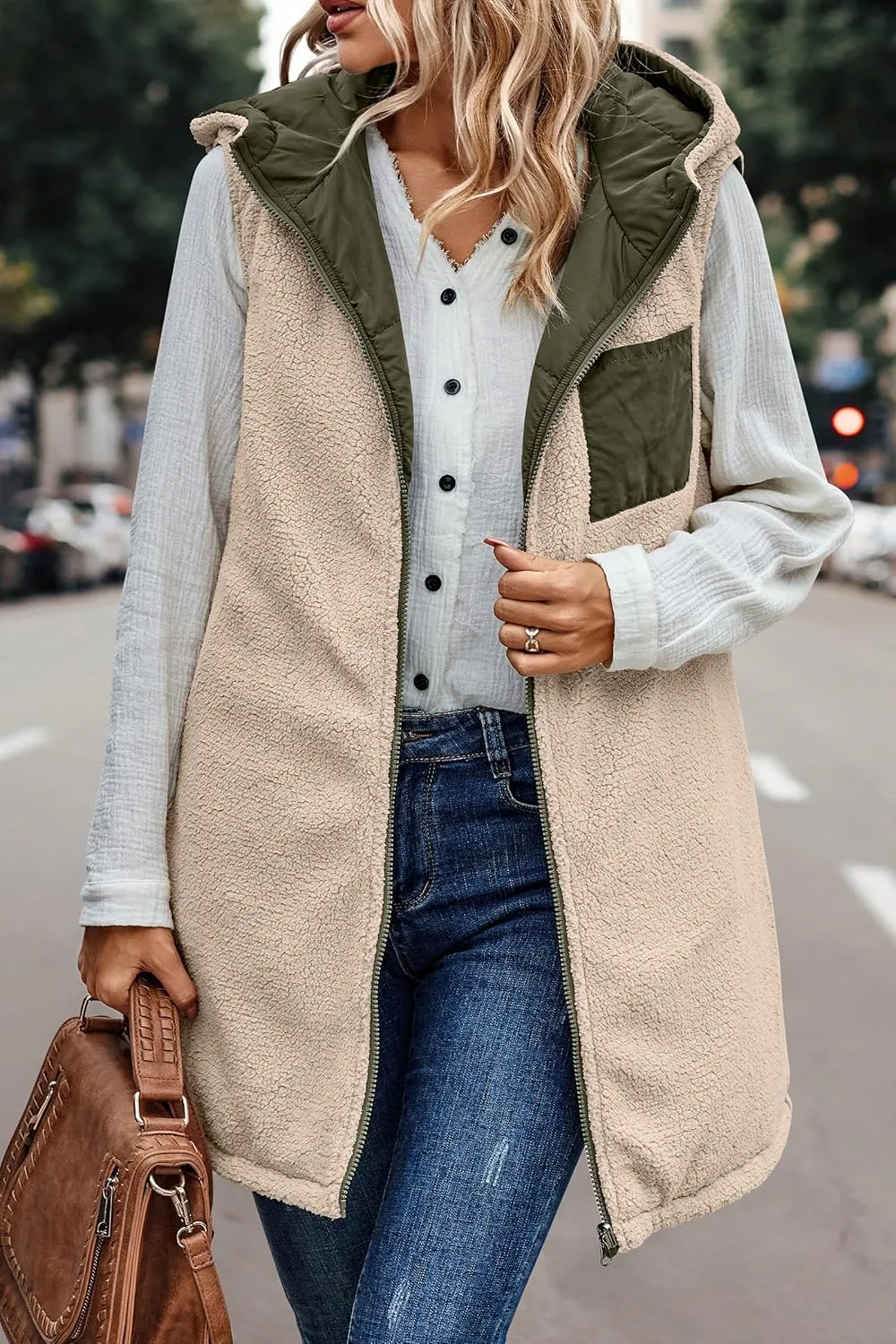 Canbebig Women's Reversible Vest 2023 Fall Sleeveless Puffer Fleece Jacket Zip Up Hoodie Mid Long Warm Winter Coat Outerwear