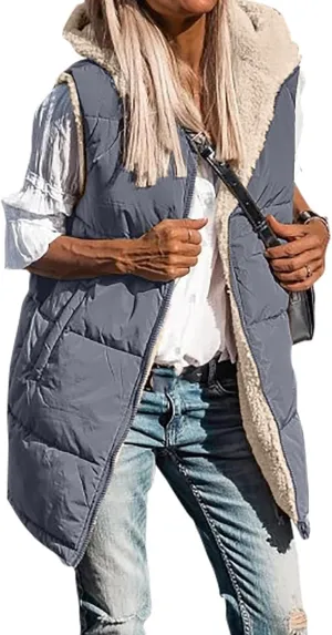 Canbebig Women's Reversible Vest 2023 Fall Sleeveless Puffer Fleece Jacket Zip Up Hoodie Mid Long Warm Winter Coat Outerwear