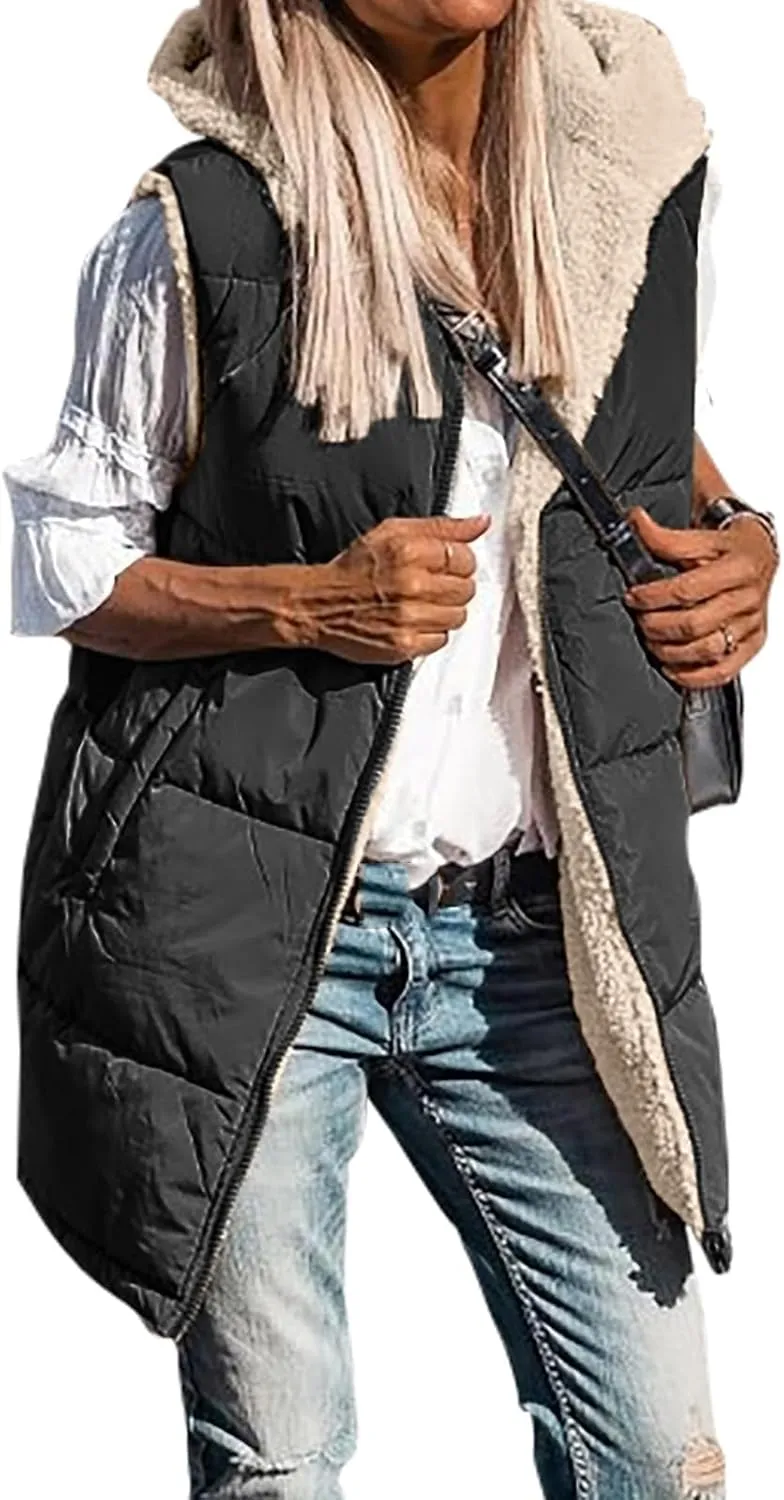 Canbebig Women's Reversible Vest 2023 Fall Sleeveless Puffer Fleece Jacket Zip Up Hoodie Mid Long Warm Winter Coat Outerwear