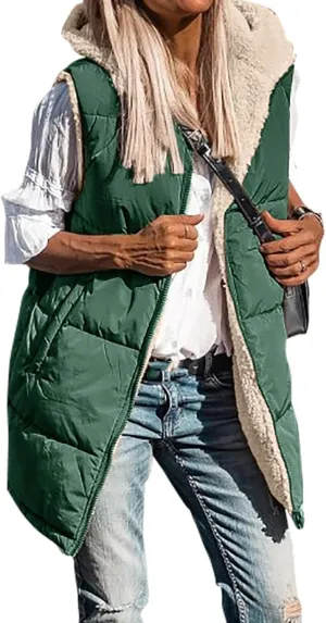 Canbebig Women's Reversible Vest 2023 Fall Sleeveless Puffer Fleece Jacket Zip Up Hoodie Mid Long Warm Winter Coat Outerwear