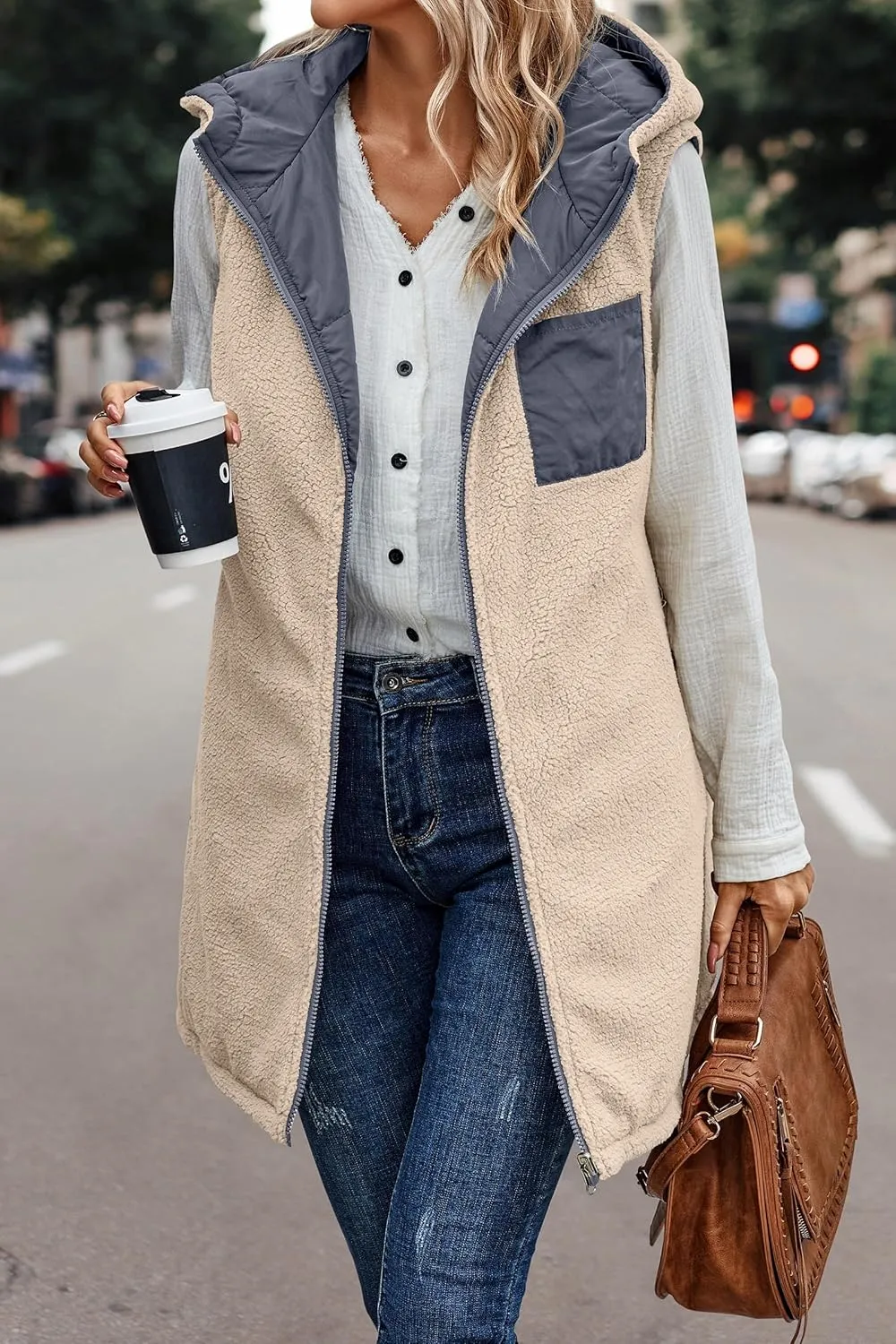 Canbebig Women's Reversible Vest 2023 Fall Sleeveless Puffer Fleece Jacket Zip Up Hoodie Mid Long Warm Winter Coat Outerwear