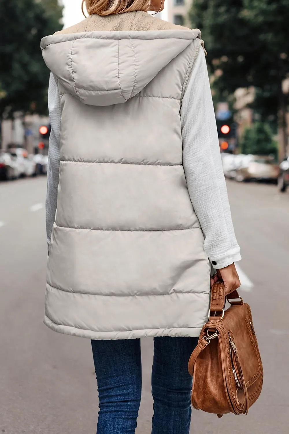 Canbebig Women's Reversible Vest 2023 Fall Sleeveless Puffer Fleece Jacket Zip Up Hoodie Mid Long Warm Winter Coat Outerwear