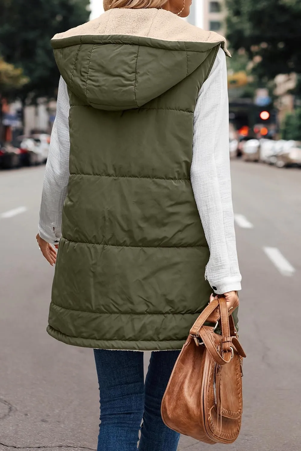 Canbebig Women's Reversible Vest 2023 Fall Sleeveless Puffer Fleece Jacket Zip Up Hoodie Mid Long Warm Winter Coat Outerwear
