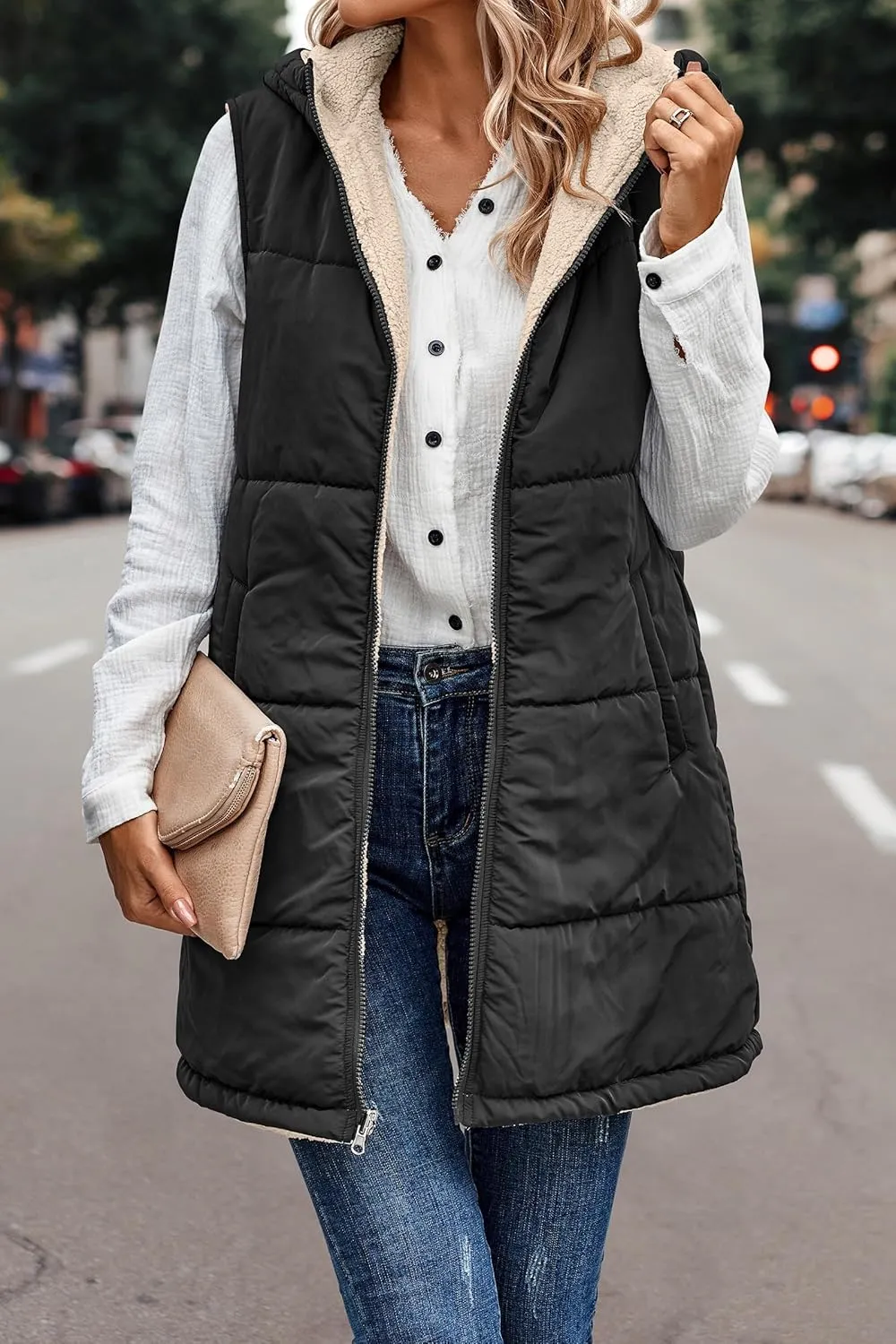 Canbebig Women's Reversible Vest 2023 Fall Sleeveless Puffer Fleece Jacket Zip Up Hoodie Mid Long Warm Winter Coat Outerwear