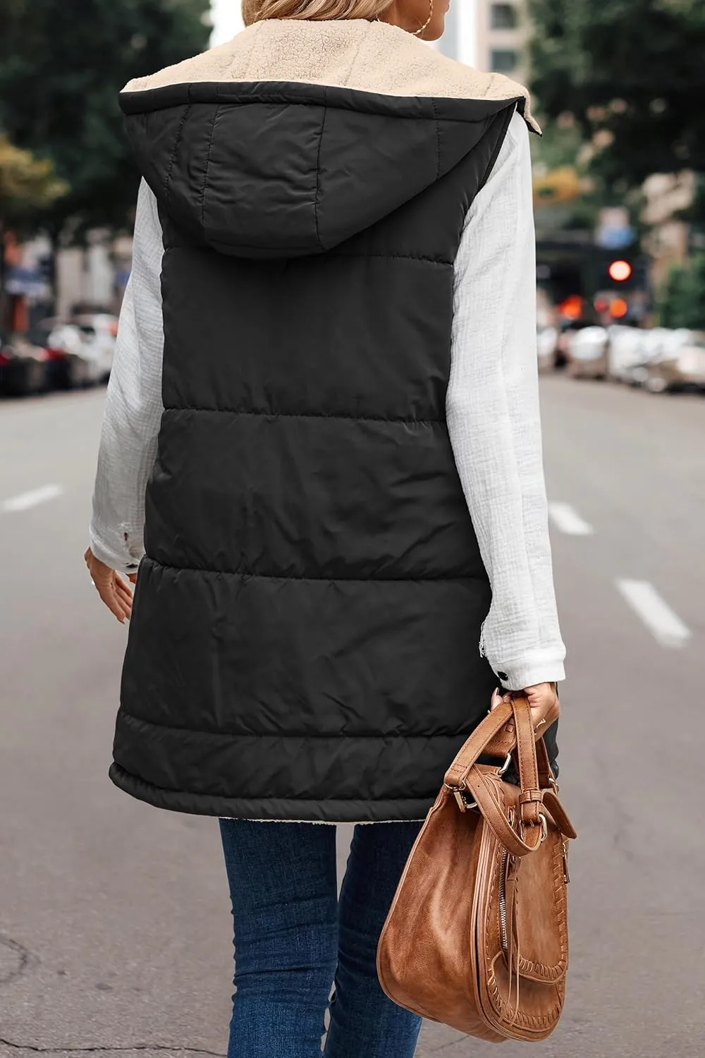 Canbebig Women's Reversible Vest 2023 Fall Sleeveless Puffer Fleece Jacket Zip Up Hoodie Mid Long Warm Winter Coat Outerwear