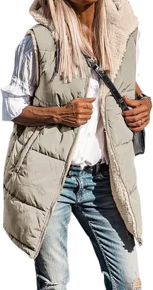 Canbebig Women's Reversible Vest 2023 Fall Sleeveless Puffer Fleece Jacket Zip Up Hoodie Mid Long Warm Winter Coat Outerwear