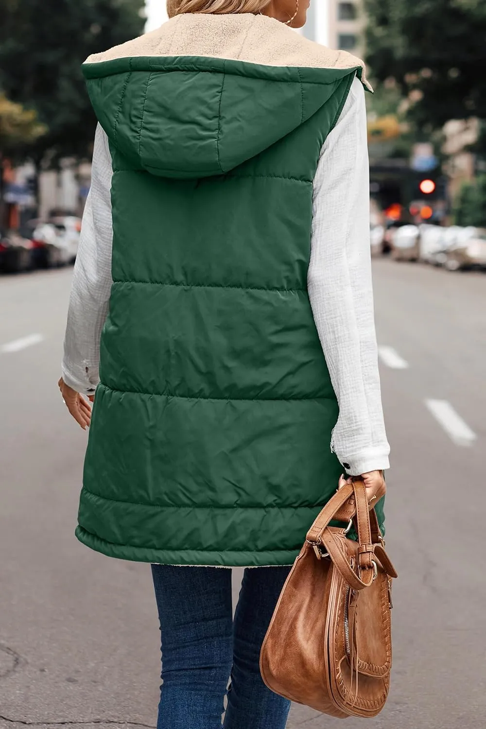 Canbebig Women's Reversible Vest 2023 Fall Sleeveless Puffer Fleece Jacket Zip Up Hoodie Mid Long Warm Winter Coat Outerwear