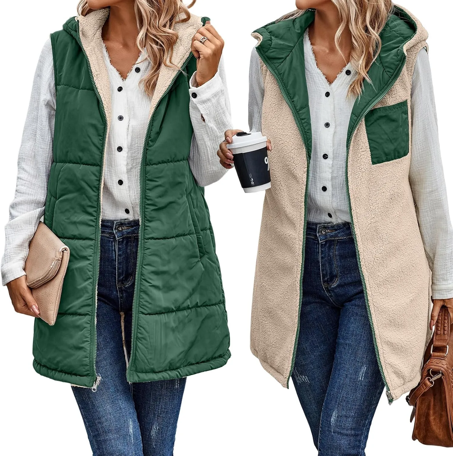 Canbebig Women's Reversible Vest 2023 Fall Sleeveless Puffer Fleece Jacket Zip Up Hoodie Mid Long Warm Winter Coat Outerwear