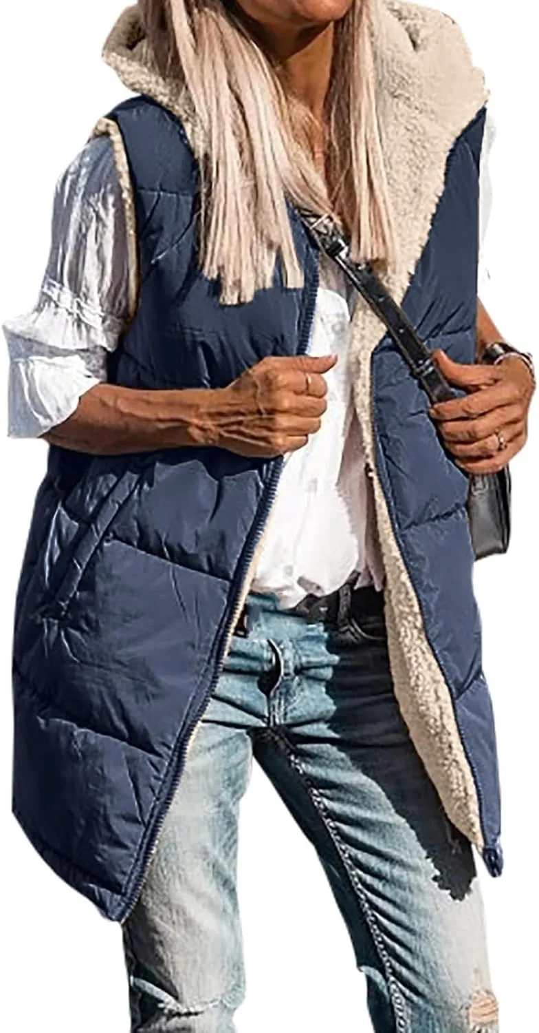 Canbebig Women's Reversible Vest 2023 Fall Sleeveless Puffer Fleece Jacket Zip Up Hoodie Mid Long Warm Winter Coat Outerwear