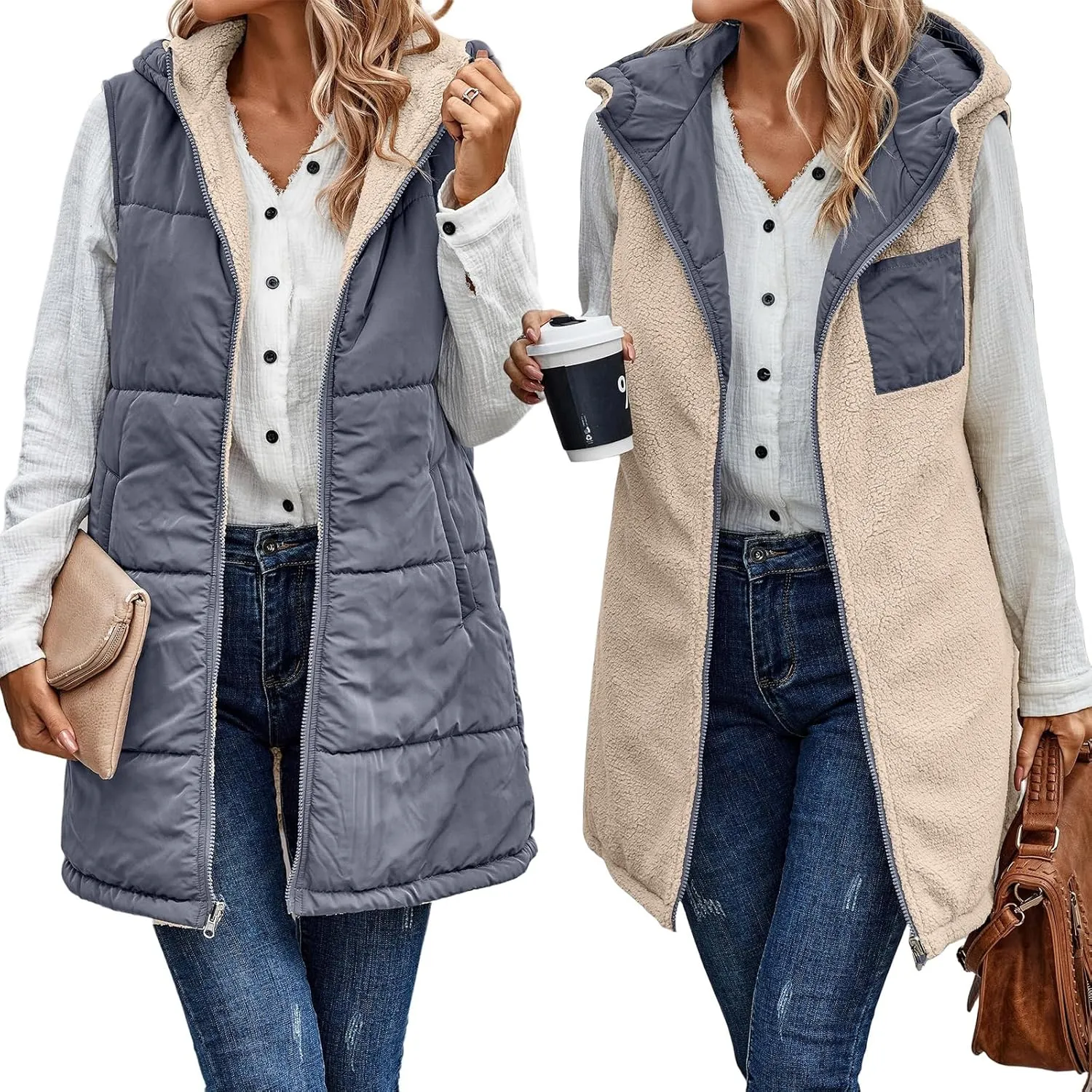 Canbebig Women's Reversible Vest 2023 Fall Sleeveless Puffer Fleece Jacket Zip Up Hoodie Mid Long Warm Winter Coat Outerwear