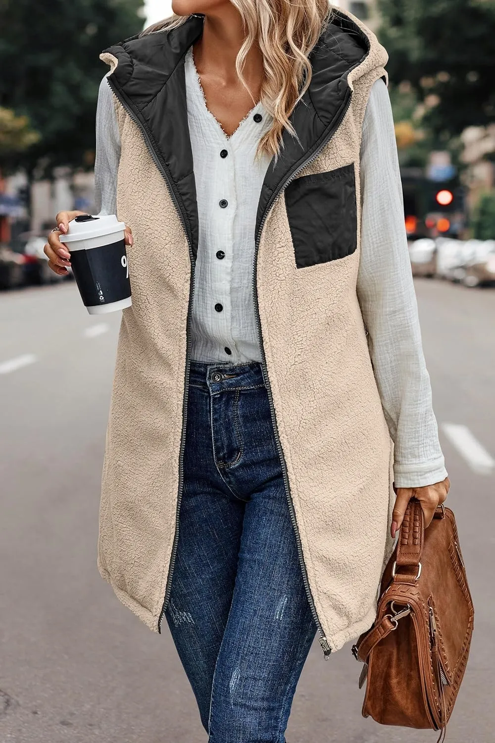 Canbebig Women's Reversible Vest 2023 Fall Sleeveless Puffer Fleece Jacket Zip Up Hoodie Mid Long Warm Winter Coat Outerwear