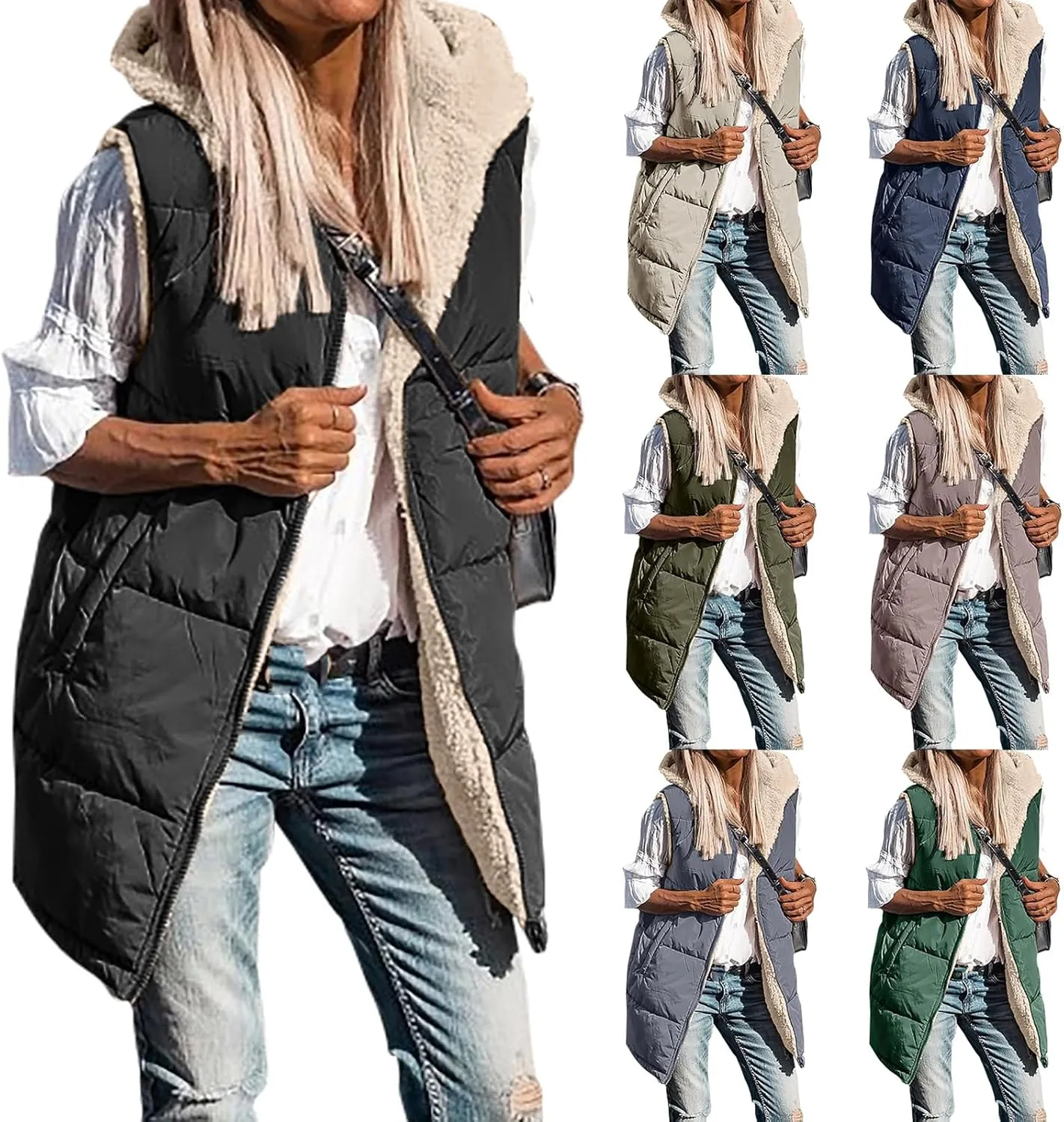 Canbebig Women's Reversible Vest 2023 Fall Sleeveless Puffer Fleece Jacket Zip Up Hoodie Mid Long Warm Winter Coat Outerwear