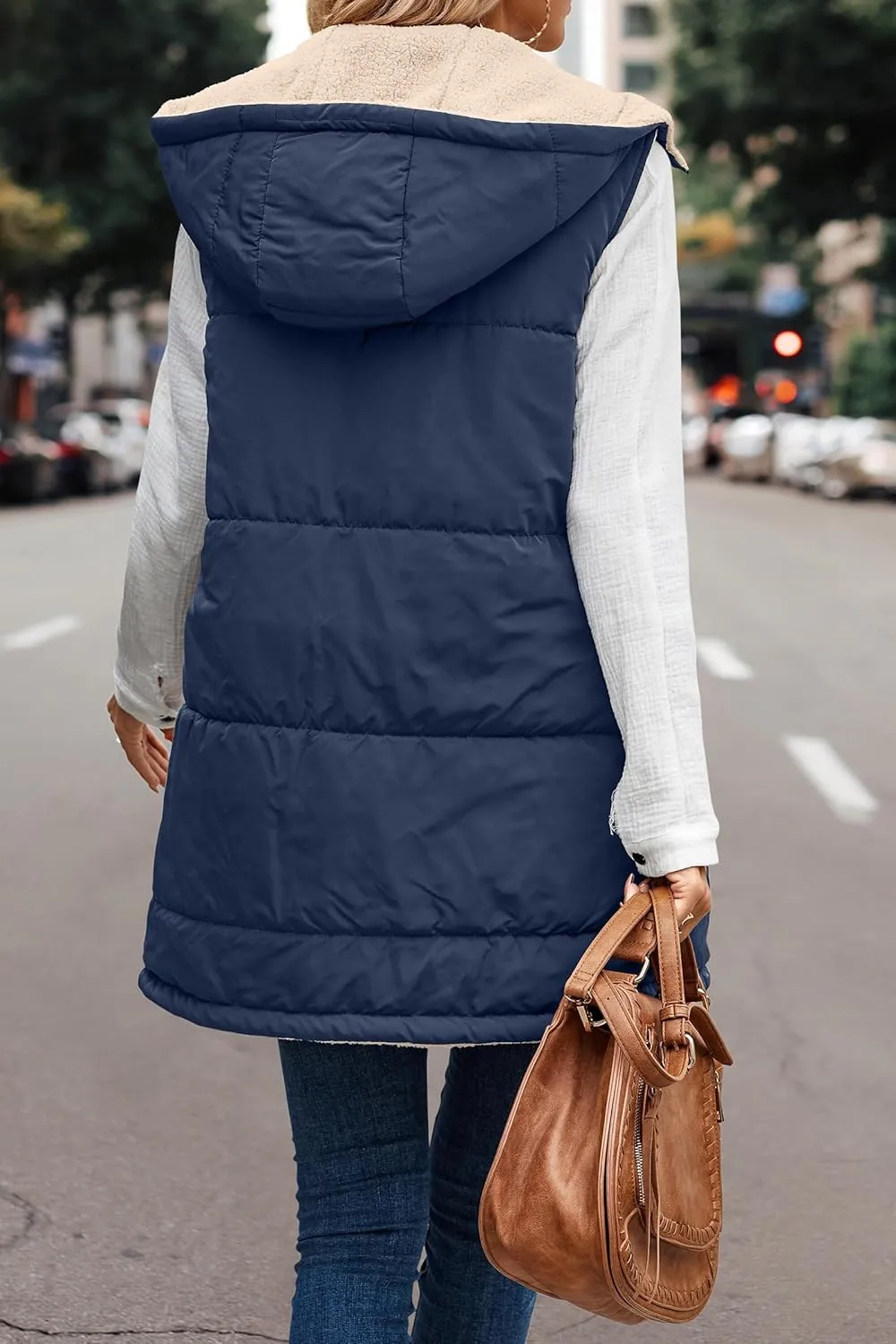 Canbebig Women's Reversible Vest 2023 Fall Sleeveless Puffer Fleece Jacket Zip Up Hoodie Mid Long Warm Winter Coat Outerwear