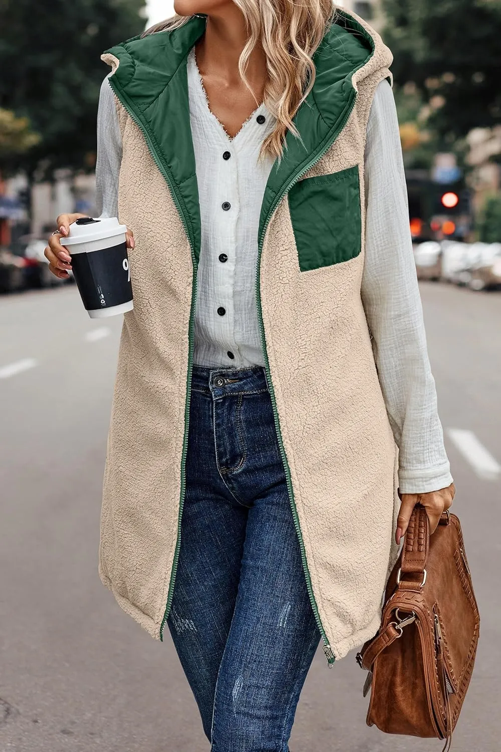 Canbebig Women's Reversible Vest 2023 Fall Sleeveless Puffer Fleece Jacket Zip Up Hoodie Mid Long Warm Winter Coat Outerwear
