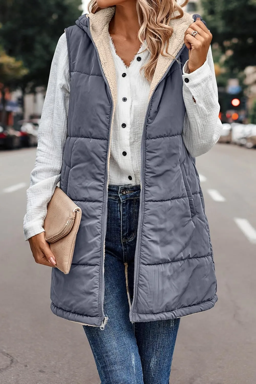 Canbebig Women's Reversible Vest 2023 Fall Sleeveless Puffer Fleece Jacket Zip Up Hoodie Mid Long Warm Winter Coat Outerwear