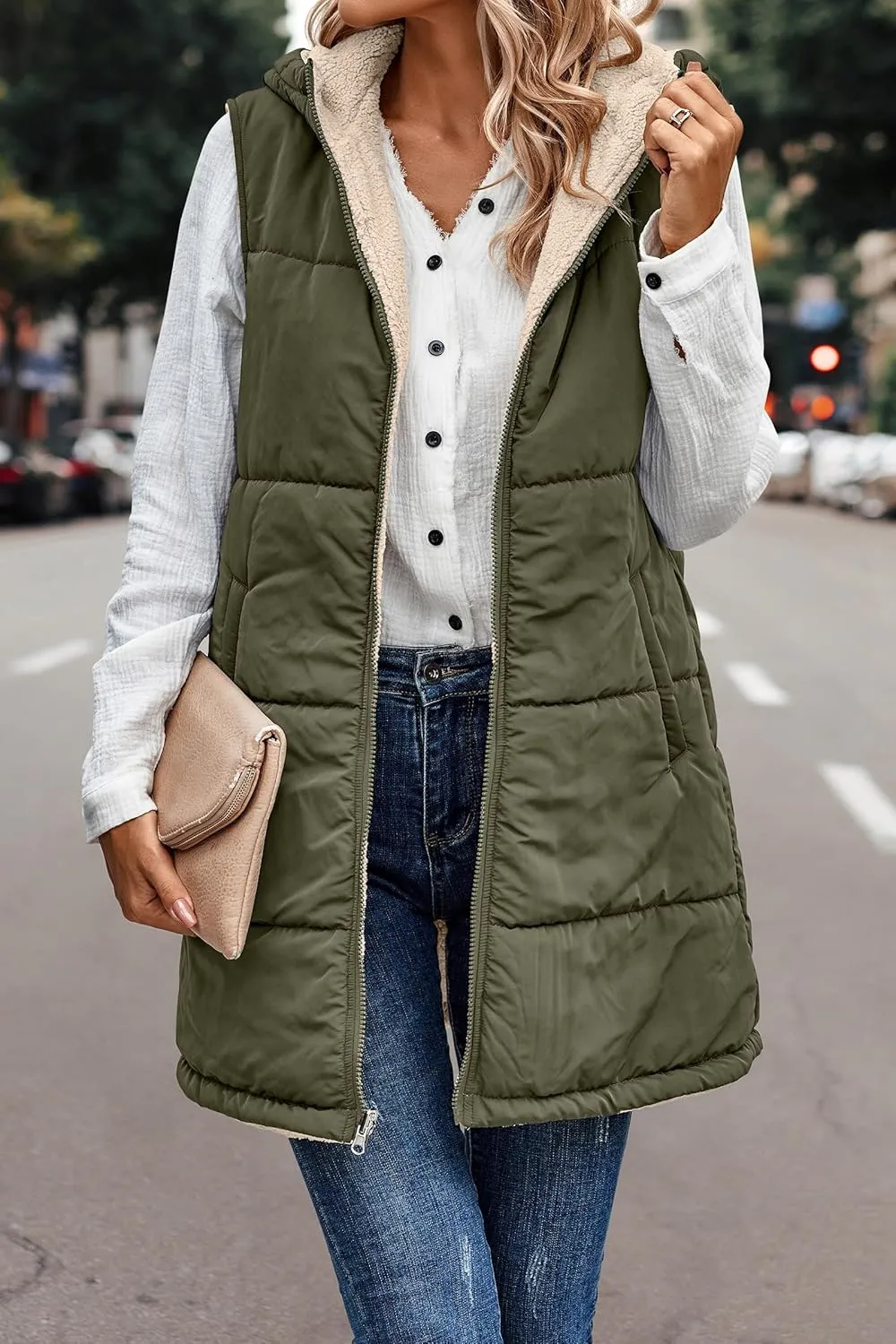 Canbebig Women's Reversible Vest 2023 Fall Sleeveless Puffer Fleece Jacket Zip Up Hoodie Mid Long Warm Winter Coat Outerwear
