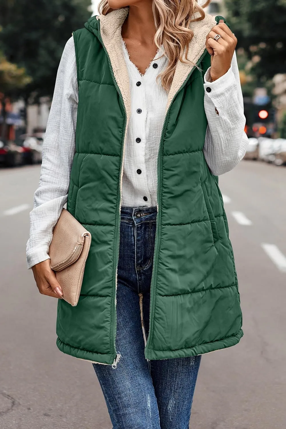 Canbebig Women's Reversible Vest 2023 Fall Sleeveless Puffer Fleece Jacket Zip Up Hoodie Mid Long Warm Winter Coat Outerwear