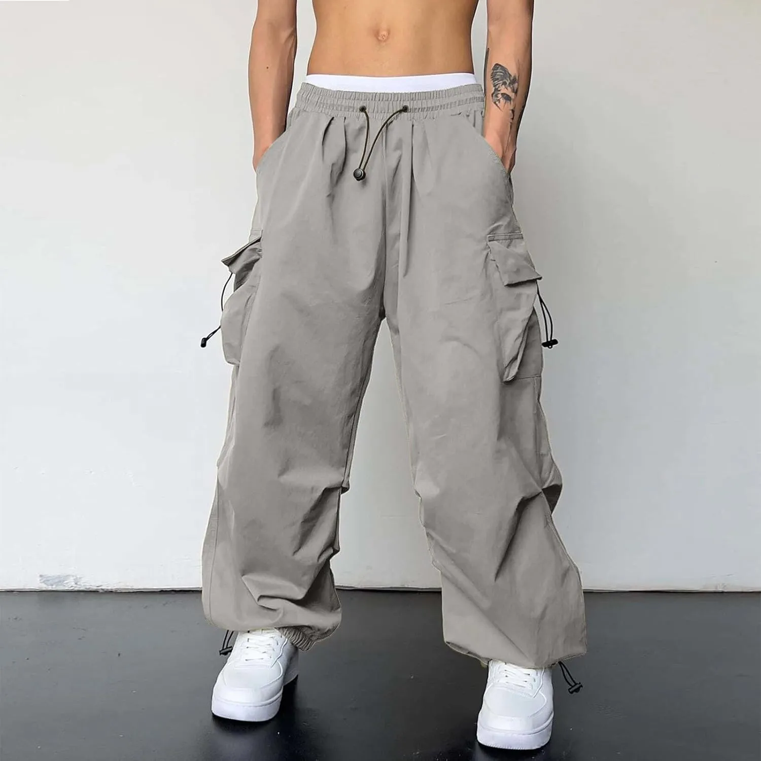 Cargo Pant for Men Drawstring Elastic Waist Multi Pockets Casual Stretch Combat Work Pants