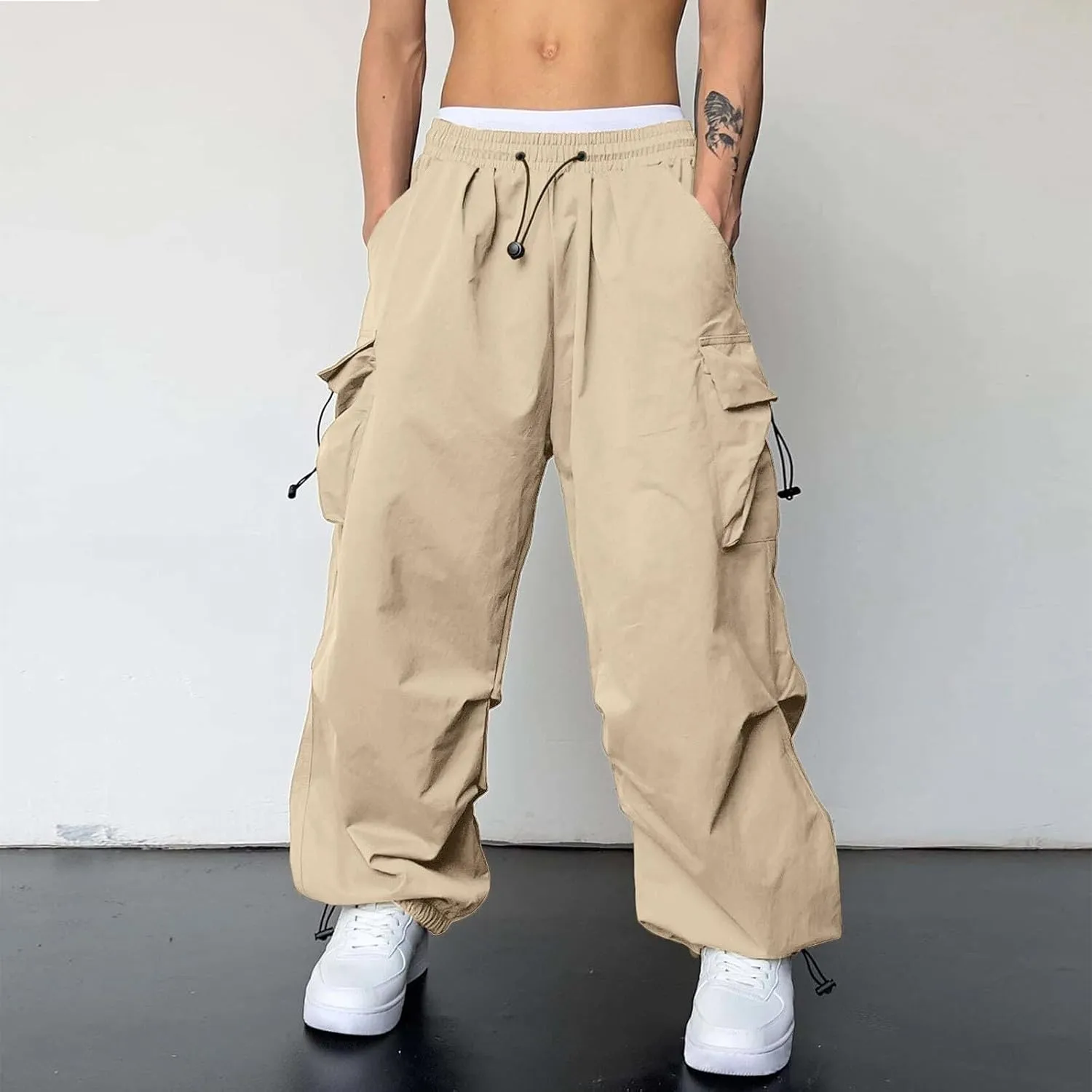Cargo Pant for Men Drawstring Elastic Waist Multi Pockets Casual Stretch Combat Work Pants