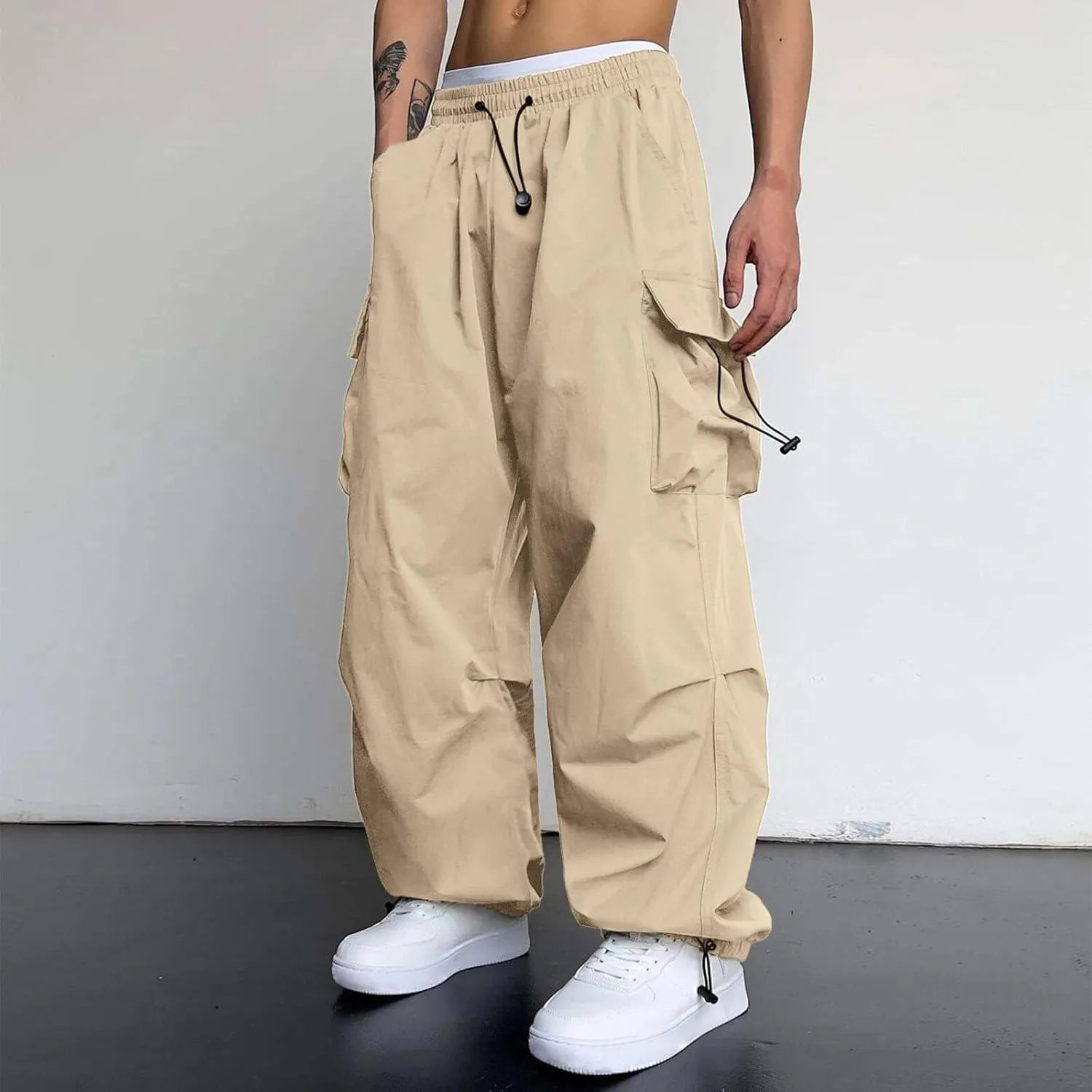 Cargo Pant for Men Drawstring Elastic Waist Multi Pockets Casual Stretch Combat Work Pants