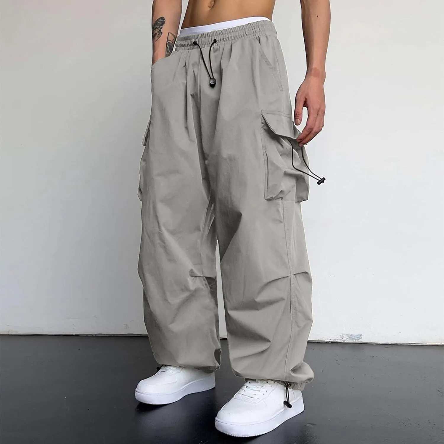 Cargo Pant for Men Drawstring Elastic Waist Multi Pockets Casual Stretch Combat Work Pants