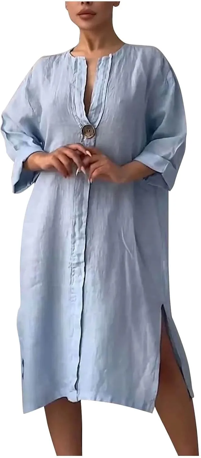 Casual Linen Midi Shirt Dresses for Women Summer V Neck Button Down 3/4 Sleeve Flowy Side Split Hem Beach Sundress