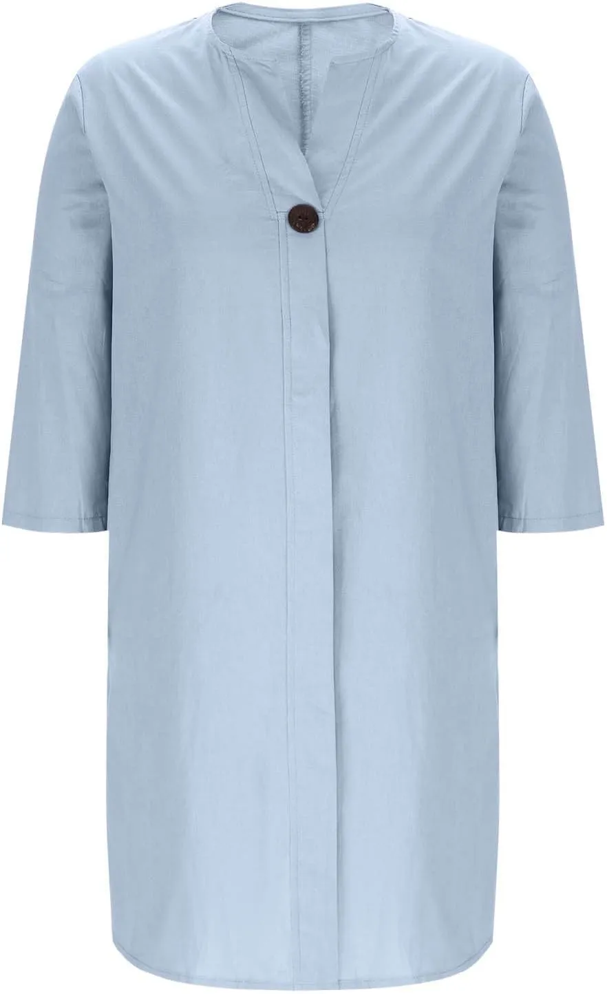 Casual Linen Midi Shirt Dresses for Women Summer V Neck Button Down 3/4 Sleeve Flowy Side Split Hem Beach Sundress
