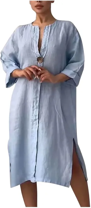 Casual Linen Midi Shirt Dresses for Women Summer V Neck Button Down 3/4 Sleeve Flowy Side Split Hem Beach Sundress