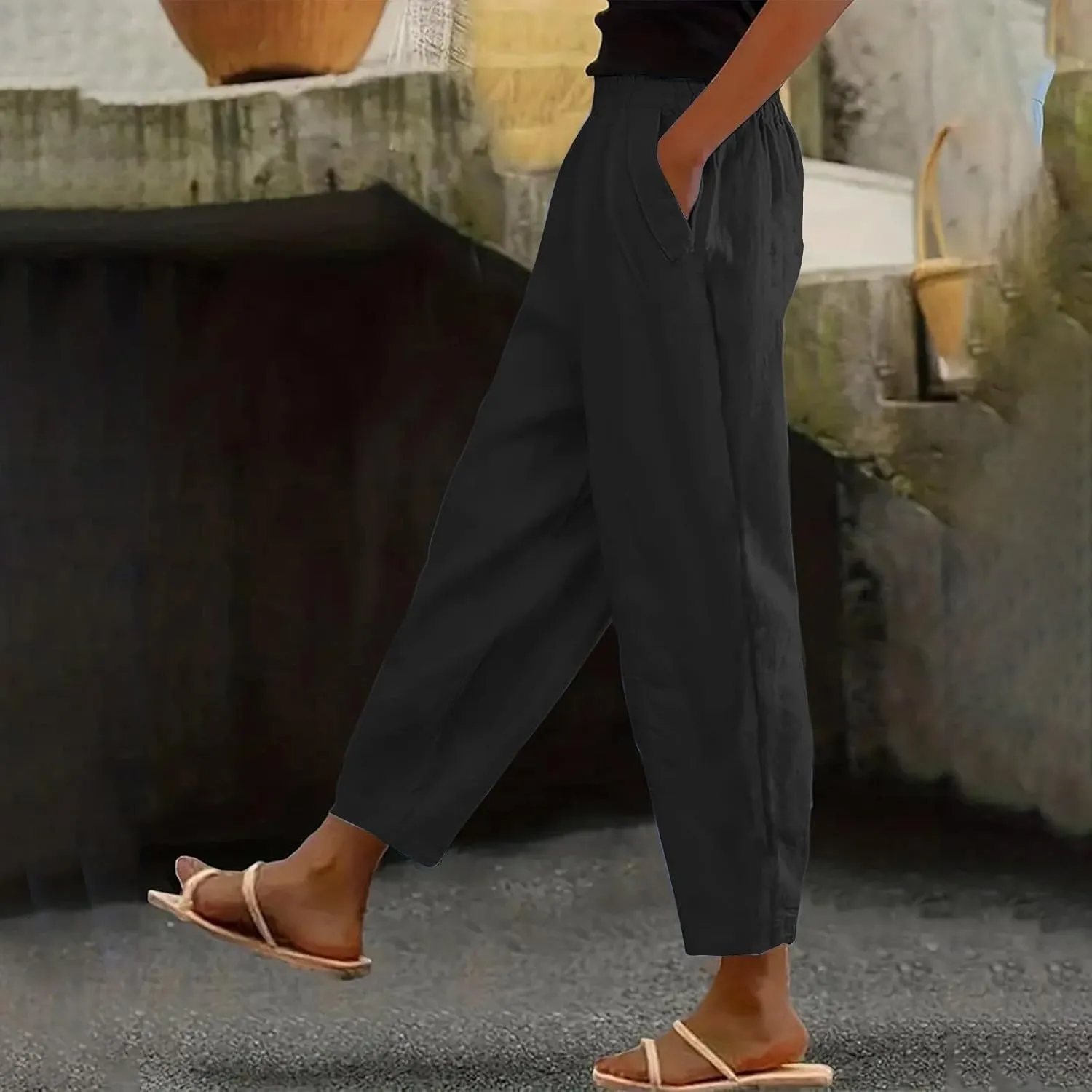 Casual Pants for Women Elastic Waist Straight Leg Trendy Pants Solid Color Lightweight Comfort Trousers with Pocket