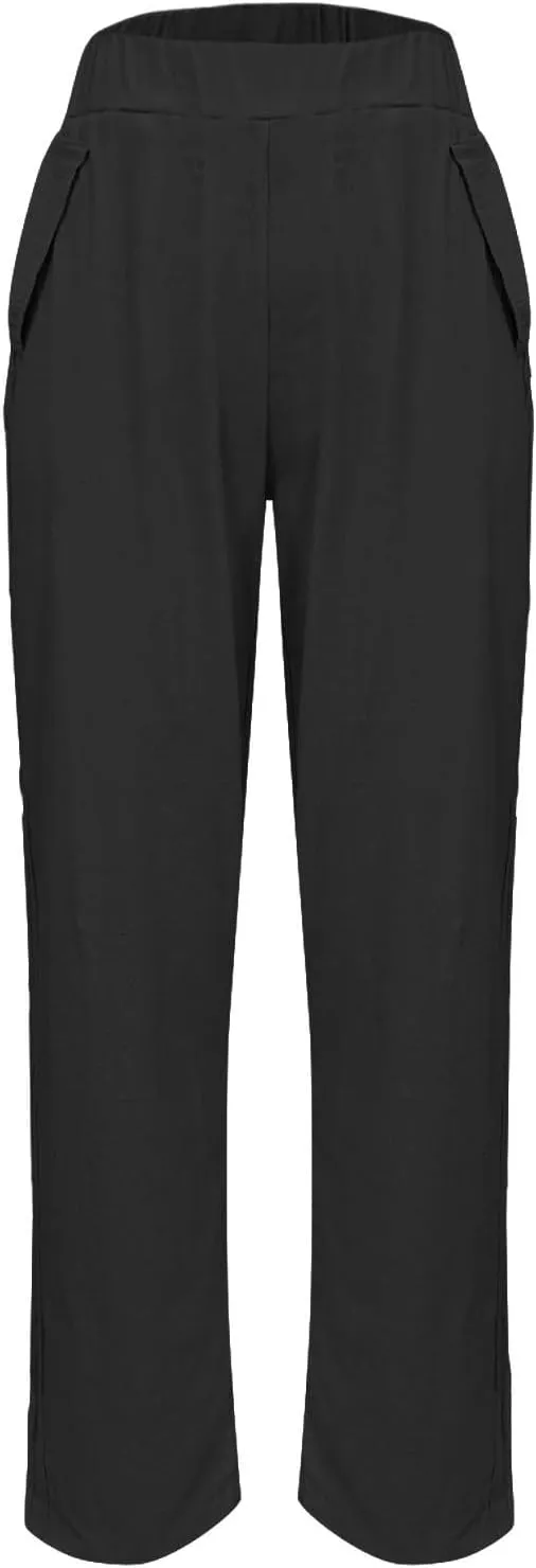 Casual Pants for Women Elastic Waist Straight Leg Trendy Pants Solid Color Lightweight Comfort Trousers with Pocket