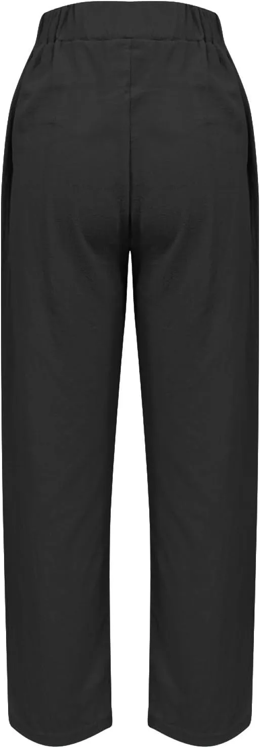 Casual Pants for Women Elastic Waist Straight Leg Trendy Pants Solid Color Lightweight Comfort Trousers with Pocket