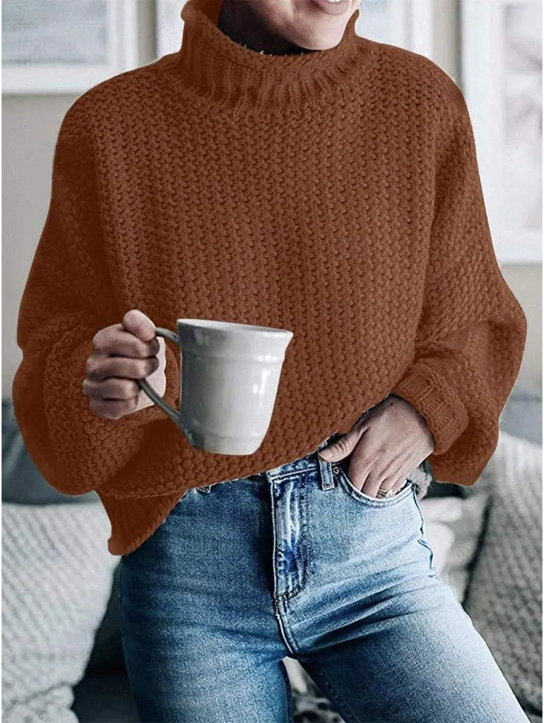 Chunky Cable Turtleneck Sweaters Casual Batwing Sleeve Oversized Knitted Pullover Jumper Tops