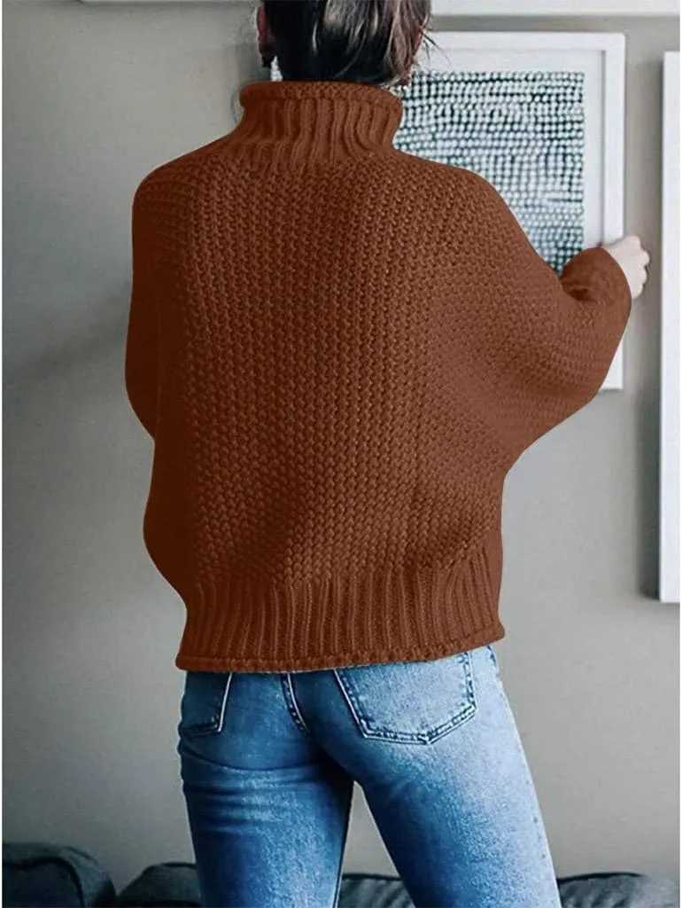 Chunky Cable Turtleneck Sweaters Casual Batwing Sleeve Oversized Knitted Pullover Jumper Tops