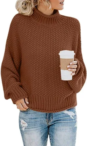 Chunky Cable Turtleneck Sweaters Casual Batwing Sleeve Oversized Knitted Pullover Jumper Tops