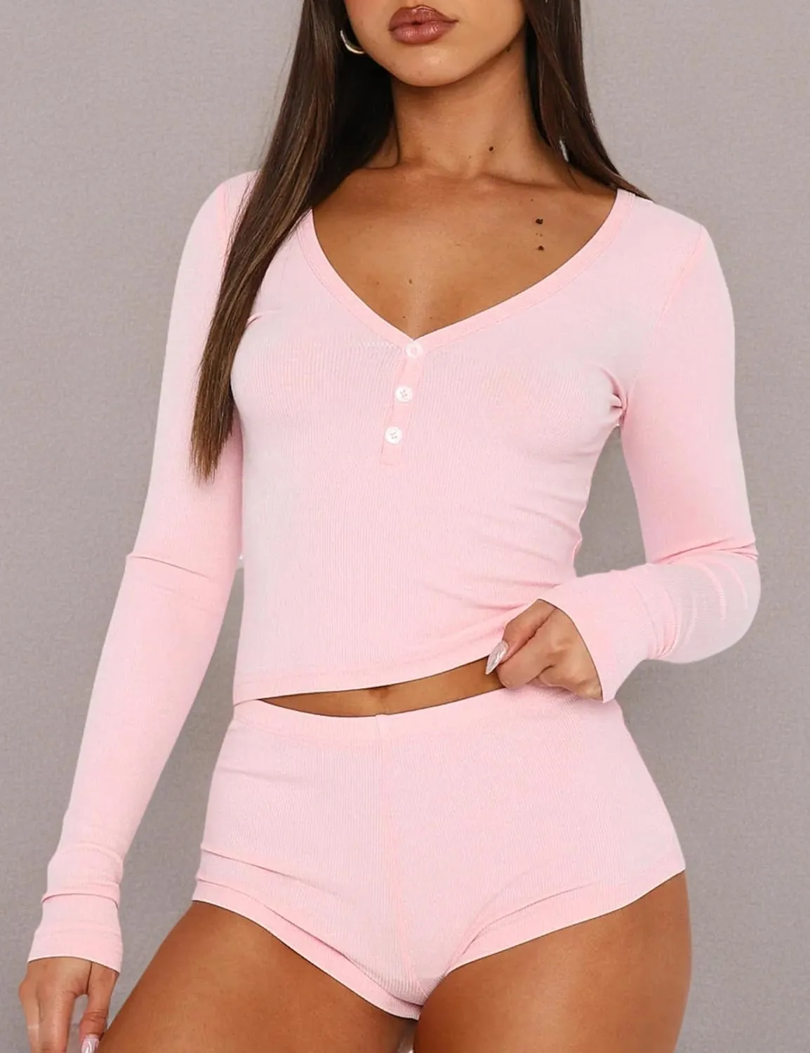 Cioatin Women 2 Piece Ribbed Knit Pajama Set Long Sleeve Button Crop Top and Shorts Lounge Sweatsuits Sleepwear PJ Set
