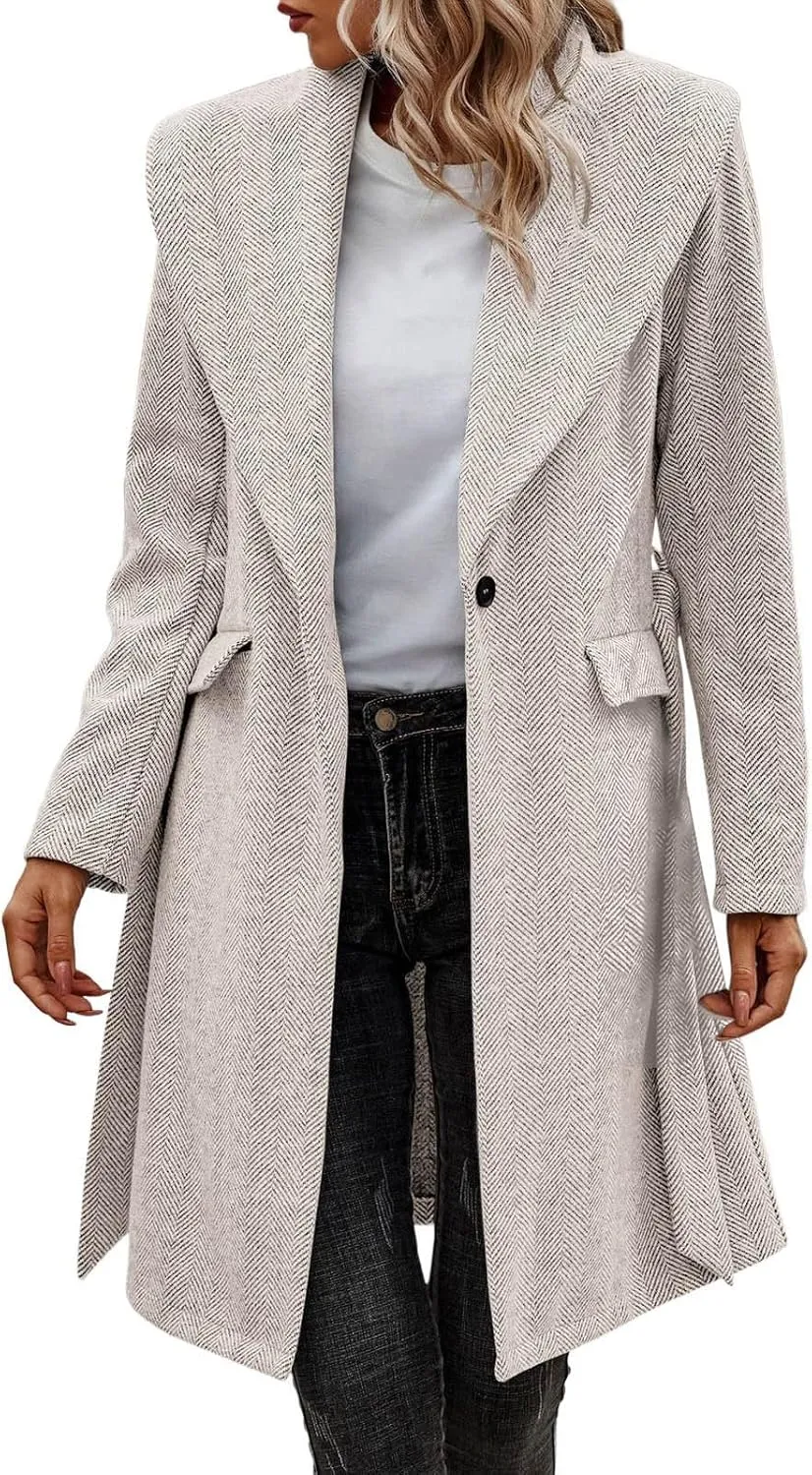 cooki Womens Coats Winter Wool Blend Coats for Women With Pockets Warm Thicken Soft Trench Coats Lapel Loose Plaid Pea Coats