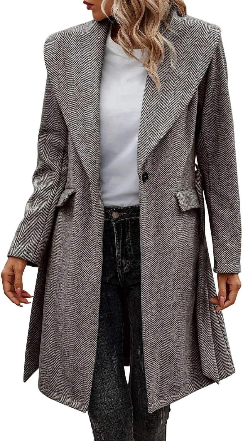 cooki Womens Coats Winter Wool Blend Coats for Women With Pockets Warm Thicken Soft Trench Coats Lapel Loose Plaid Pea Coats