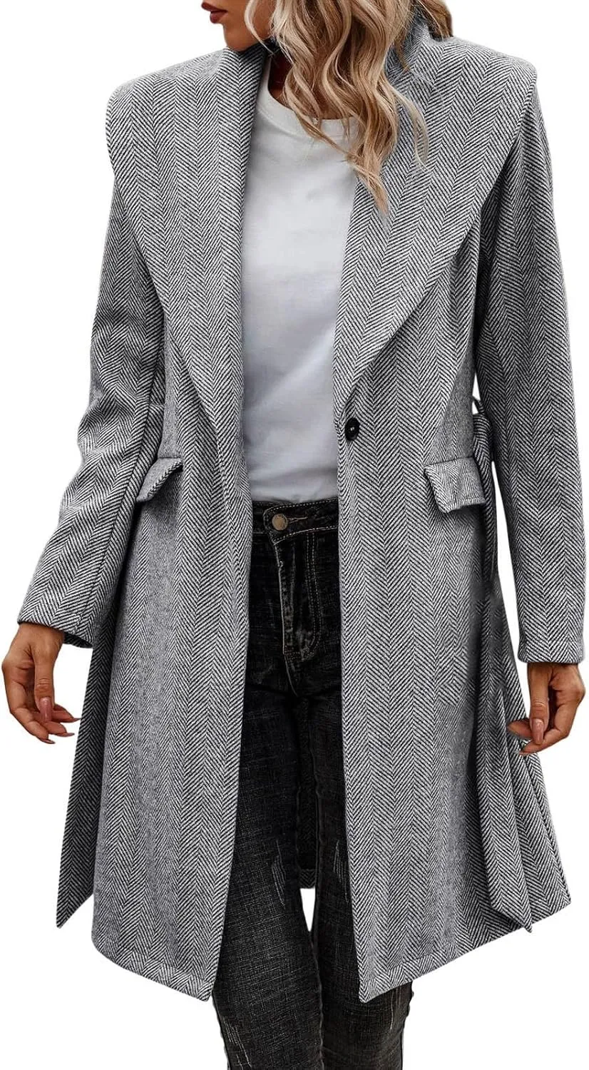 cooki Womens Coats Winter Wool Blend Coats for Women With Pockets Warm Thicken Soft Trench Coats Lapel Loose Plaid Pea Coats