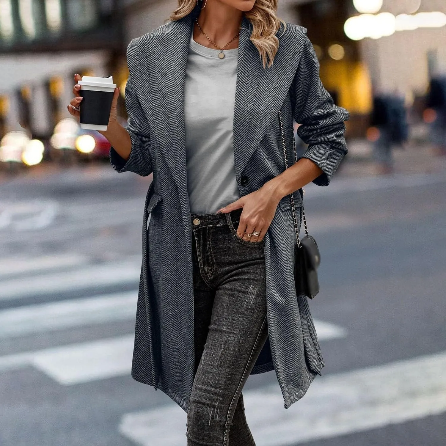 cooki Womens Coats Winter Wool Blend Coats for Women With Pockets Warm Thicken Soft Trench Coats Lapel Loose Plaid Pea Coats