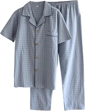 Cotton Plaid Pajamas Set for Men Button-Down Lightweight Cozy Sleepwear Sleepwear Short Sleeve Long Pant Pjs Sets
