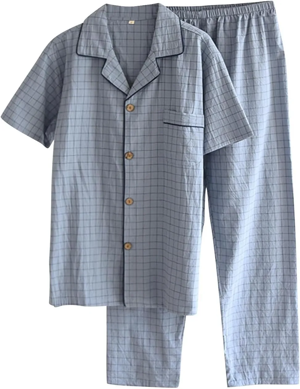 Cotton Plaid Pajamas Set for Men Button-Down Lightweight Cozy Sleepwear Sleepwear Short Sleeve Long Pant Pjs Sets