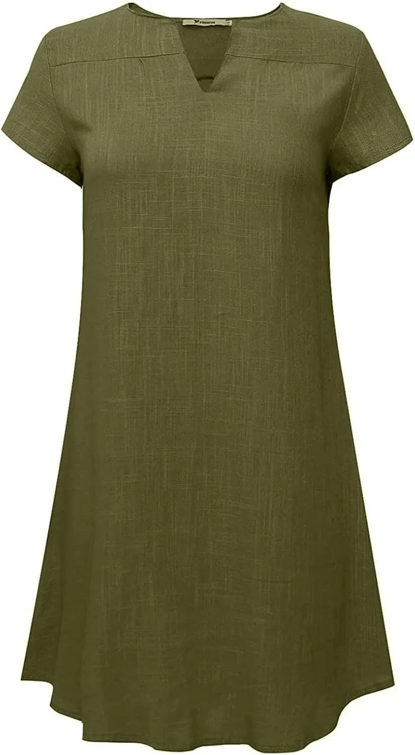 Ctreela Women Cotton Linen T Shirt Dress Baggy Short Sleeve Beach Dress Summer V Neck Shift Dress Plain Midi Dresses