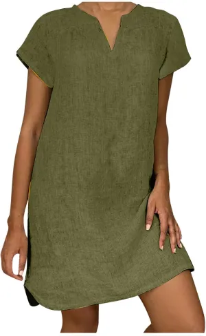 Ctreela Women Cotton Linen T Shirt Dress Baggy Short Sleeve Beach Dress Summer V Neck Shift Dress Plain Midi Dresses