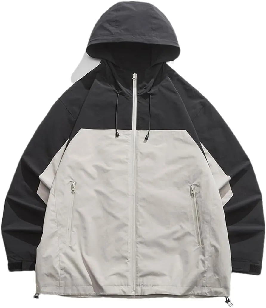 DBFBDTU Men Hooded Jacket Streetwear Casual Outdoor Lightweight Zipper Jacket Vintage Coat