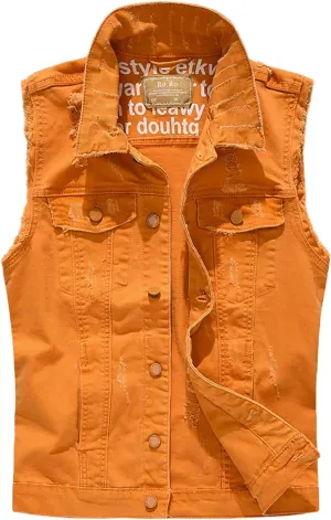 Denim Vest Men Sleeveless Ripped Jean Vests Slim Fit Button Down Jacket Casual Distressed Streetwear Utility Shirts