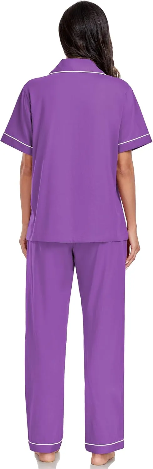 EA'S SECRET Womens 100% Cotton Pajama Sets Short Sleeve Shirt and Long Pajama Pants Button Down Sleepwear Pjs for Women