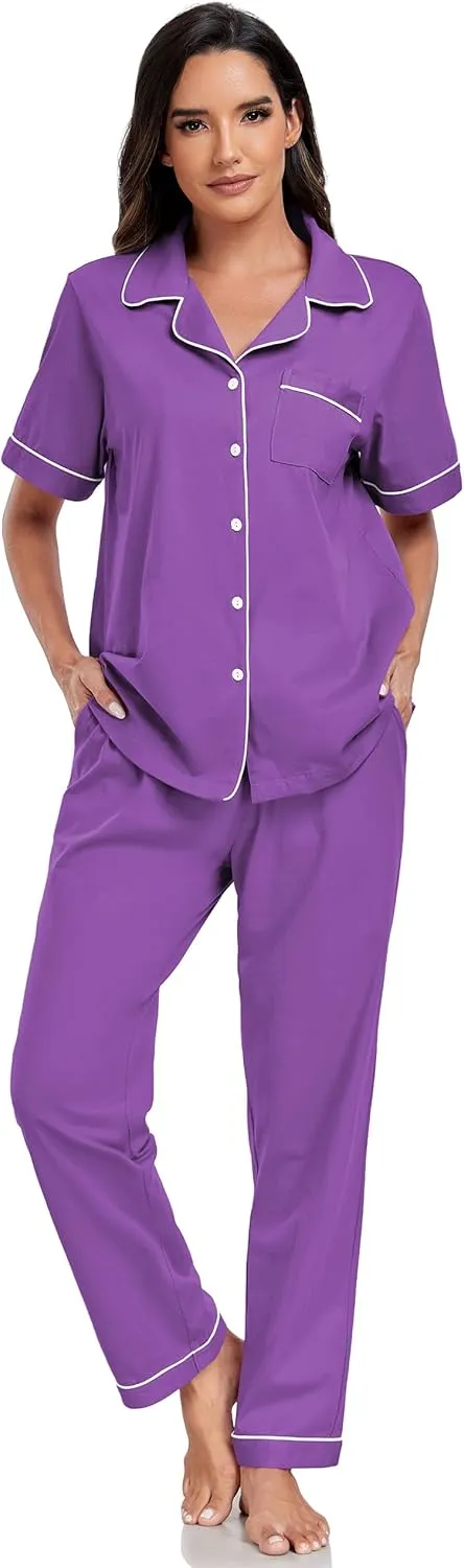 EA'S SECRET Womens 100% Cotton Pajama Sets Short Sleeve Shirt and Long Pajama Pants Button Down Sleepwear Pjs for Women