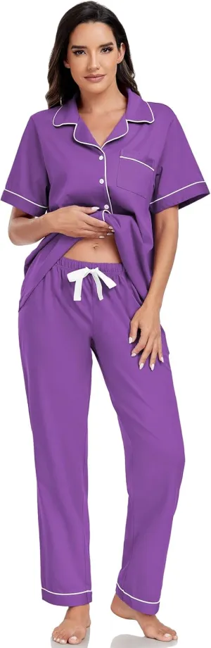 EA'S SECRET Womens 100% Cotton Pajama Sets Short Sleeve Shirt and Long Pajama Pants Button Down Sleepwear Pjs for Women
