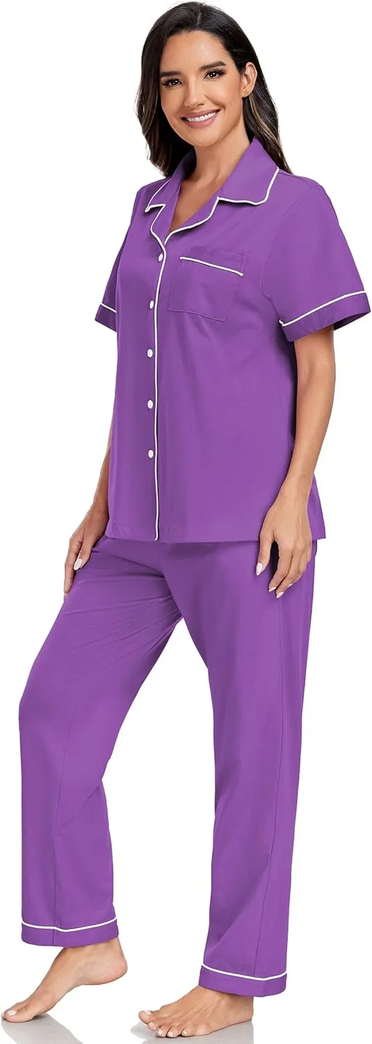 EA'S SECRET Womens 100% Cotton Pajama Sets Short Sleeve Shirt and Long Pajama Pants Button Down Sleepwear Pjs for Women