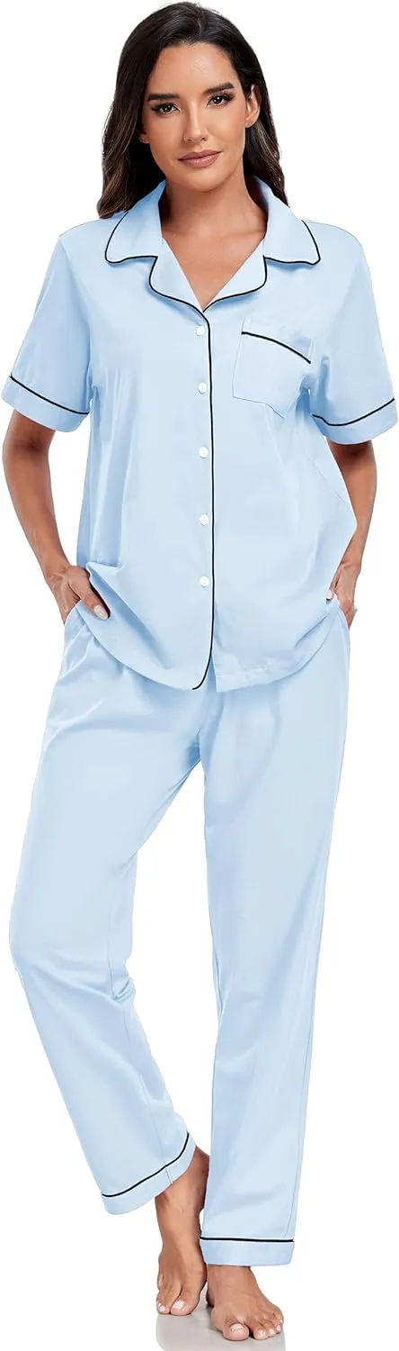 EA'S SECRET Womens 100% Cotton Pajama Sets Short Sleeve Shirt and Pajama Pants Soft Sleepwear Button Down Pjs for Women
